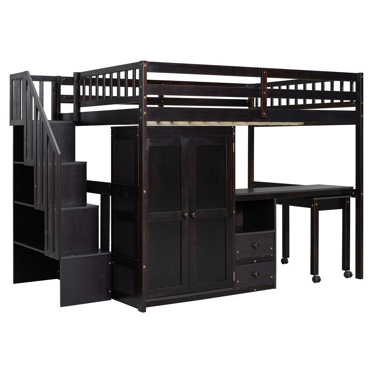 Loft Bed With Stairs, Bookshelf, Drawers, Desk & Wardrobe, Space Saving Multifunctional Furniture