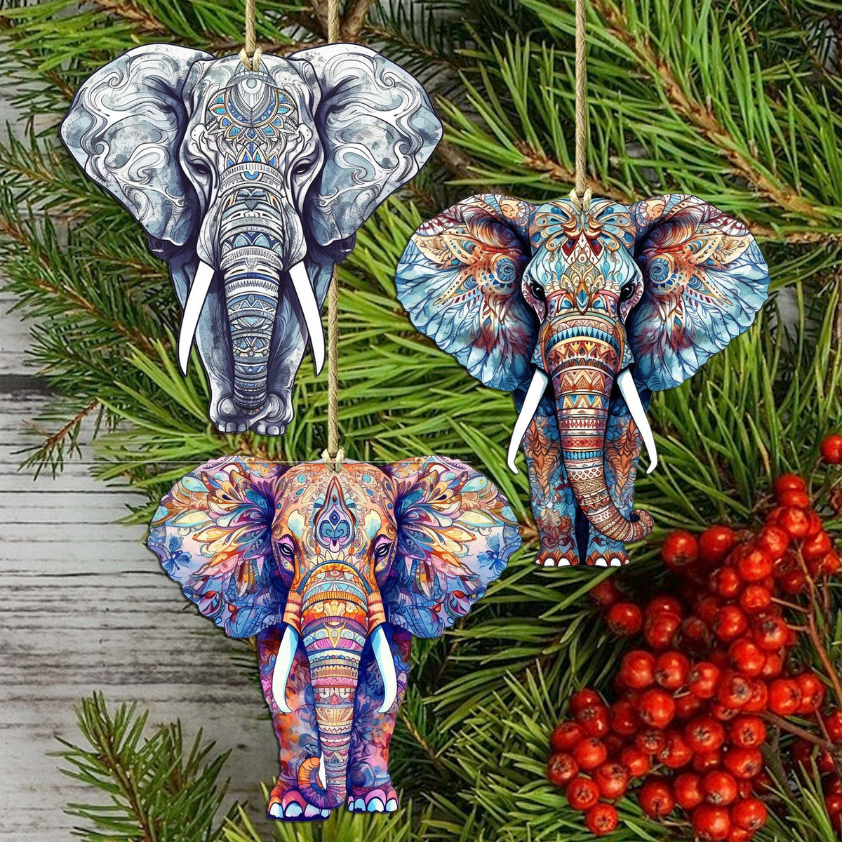 Elephants Decorative Eco Wood Ornaments Set of 3 by G. Debrekht - Wildlife Decor - 8091036-S3