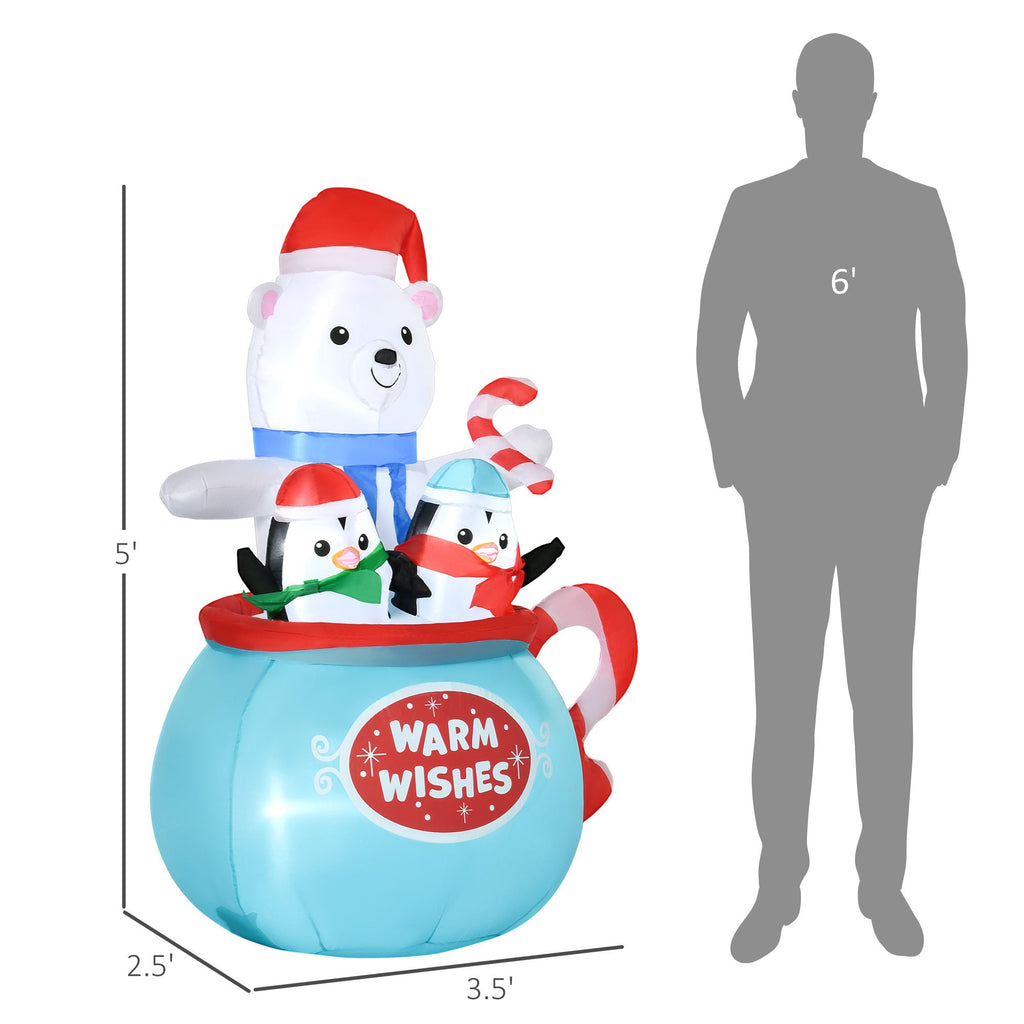 Outsunny 5ft Christmas Inflatable Outdoor Decoration Blessed Polar Bear and Penguins in the Cup