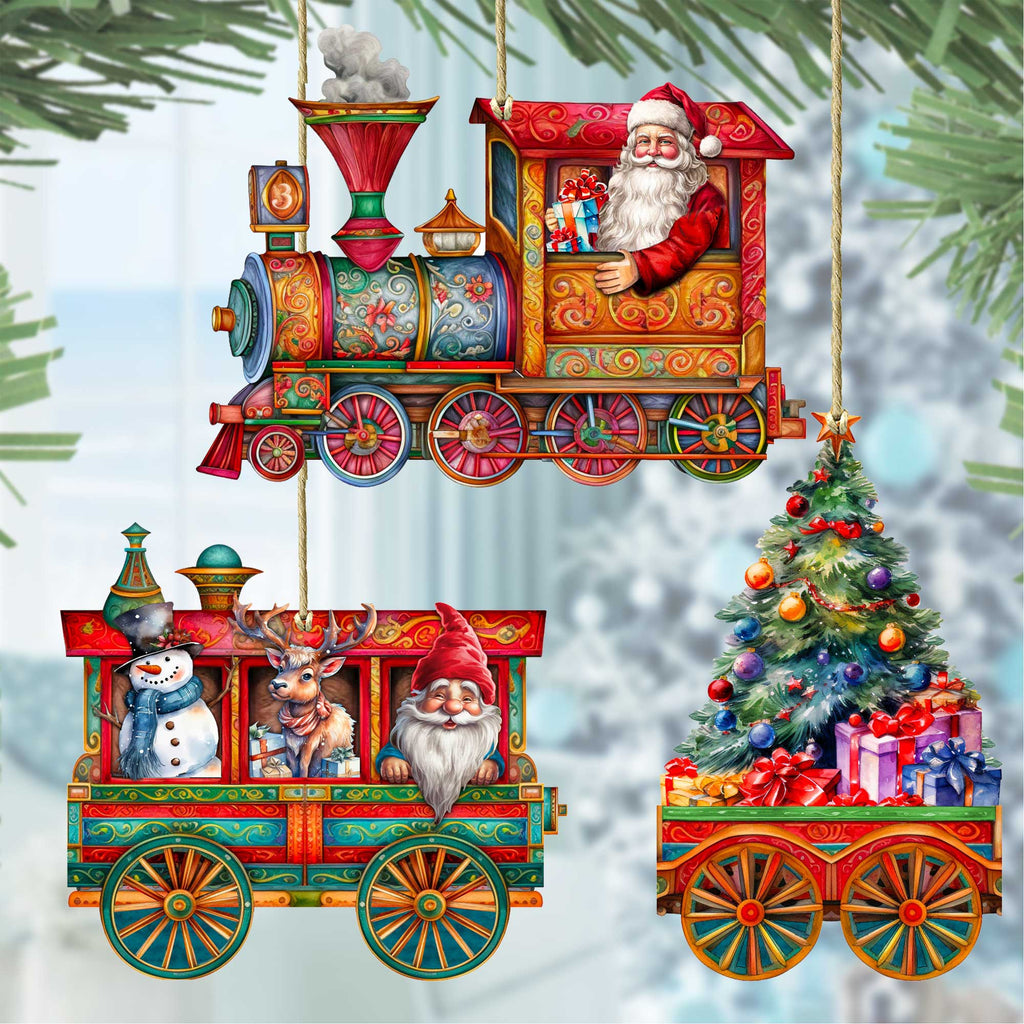Santa's Train Wooden Ornaments Set of 3 by G. Debrekht - Christmas Decor - 8100199S3