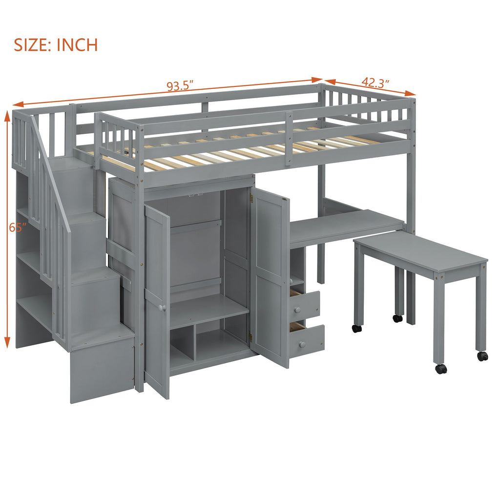 Loft Bed With Stairs, Bookshelf, Drawers, Desk & Wardrobe, Space Saving Multifunctional Furniture