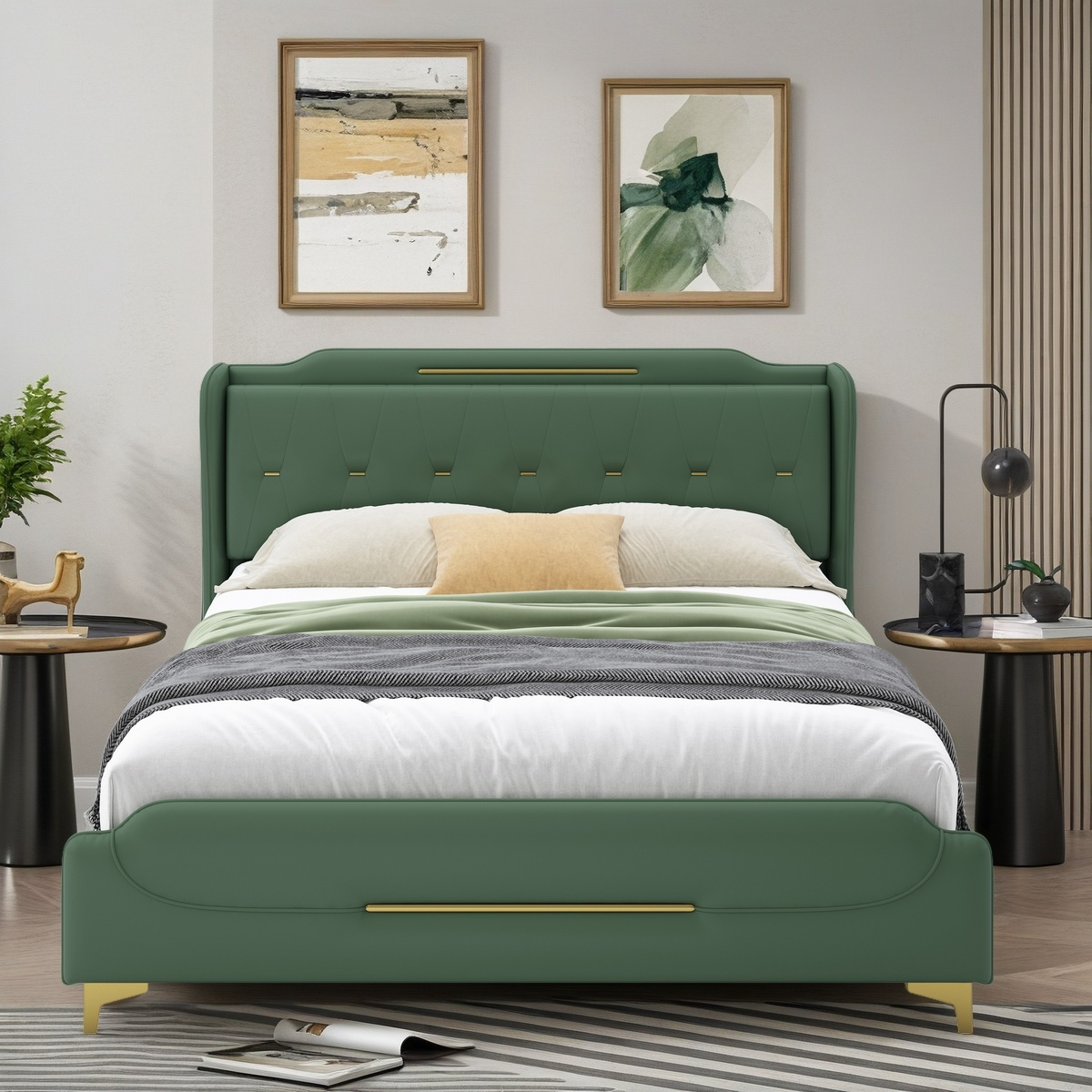 Queen Size Leather Bed Frame with Wingback Headboard & Footboard