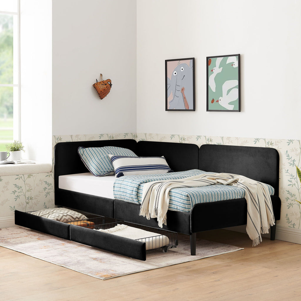 Upholstered Platform Bed Frame With 2 Storage Drawers And Adjustable Sofa Bed