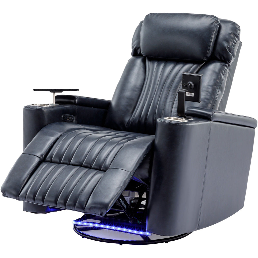 270° Power Swivel Recliner Home Theater Chair With Hidden Arm Storage, LED Light, Cup Holder, And Tray Table