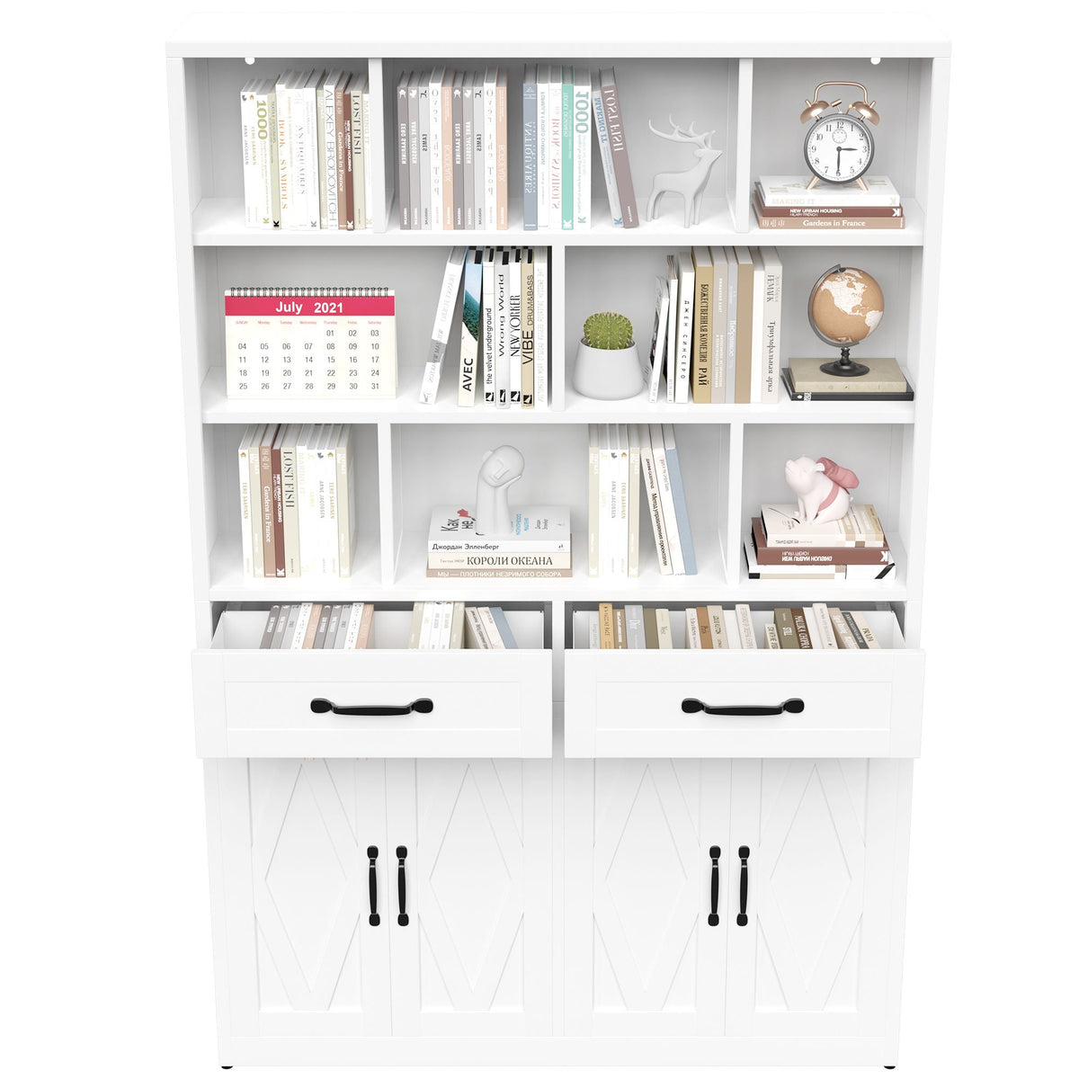 Bookcase Tall With 2 Doors & 2 Drawers, Fixed Open Shelves - White