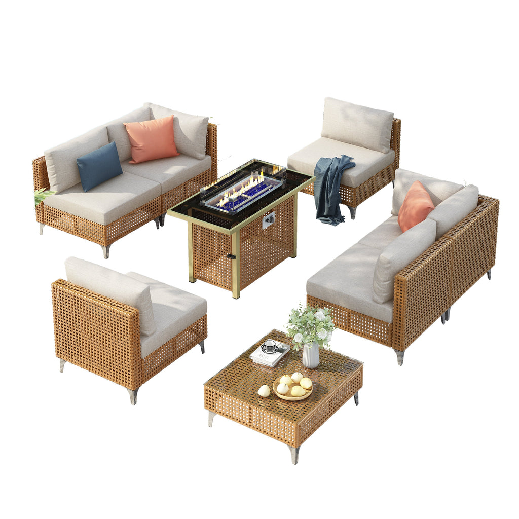 K&K 8-Piece Patio Furniture Set with Fire Pit Table