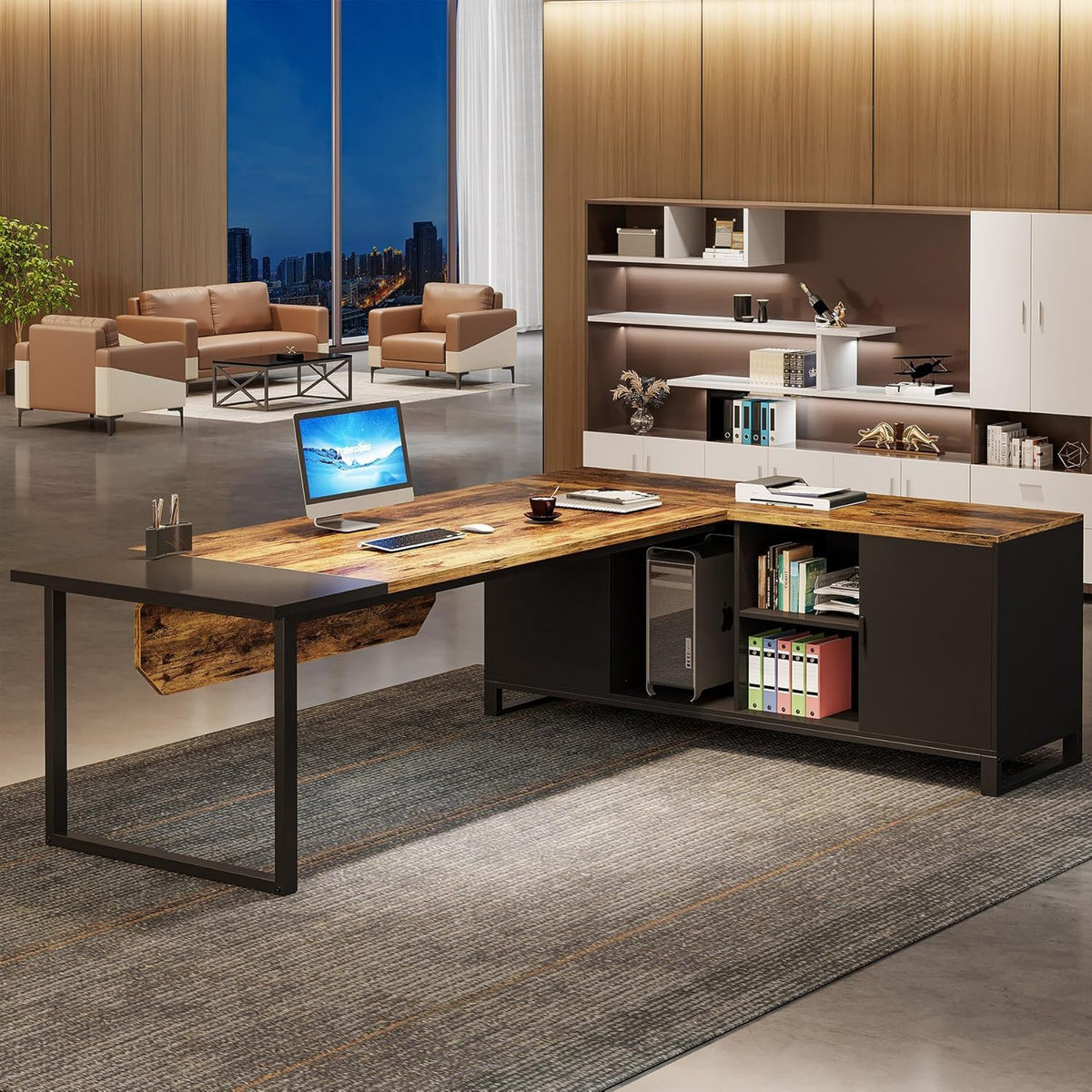 L-Shaped Executive Desk With File Cabinet, Computer Workstation With Storage