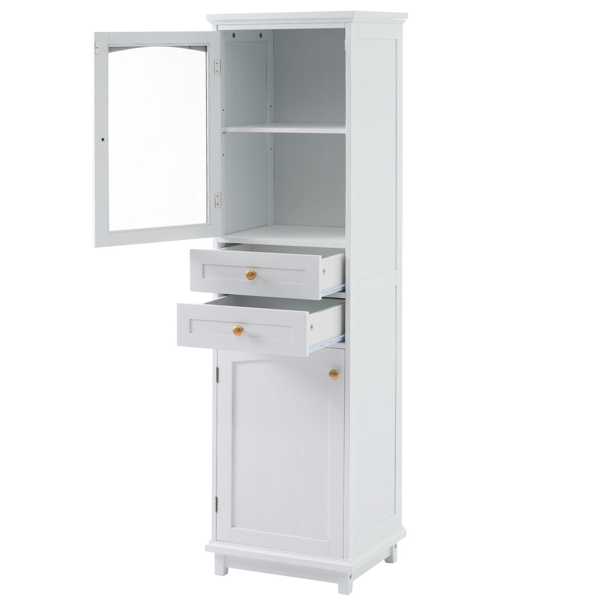 Tall Bathroom Storage Cabinet With Glass Doors, Free-Standing, Two Drawers, And Adjustable Shelves, Board, Painted Perfect For Displaying Your Favorite Items