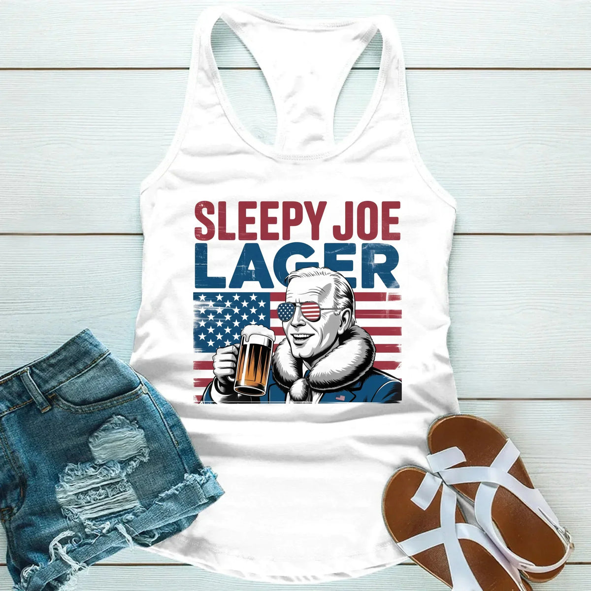 Sleepy Joe Lager Unisex Tank Top – Funny Biden-Inspired Beer Shirt for Independence Day