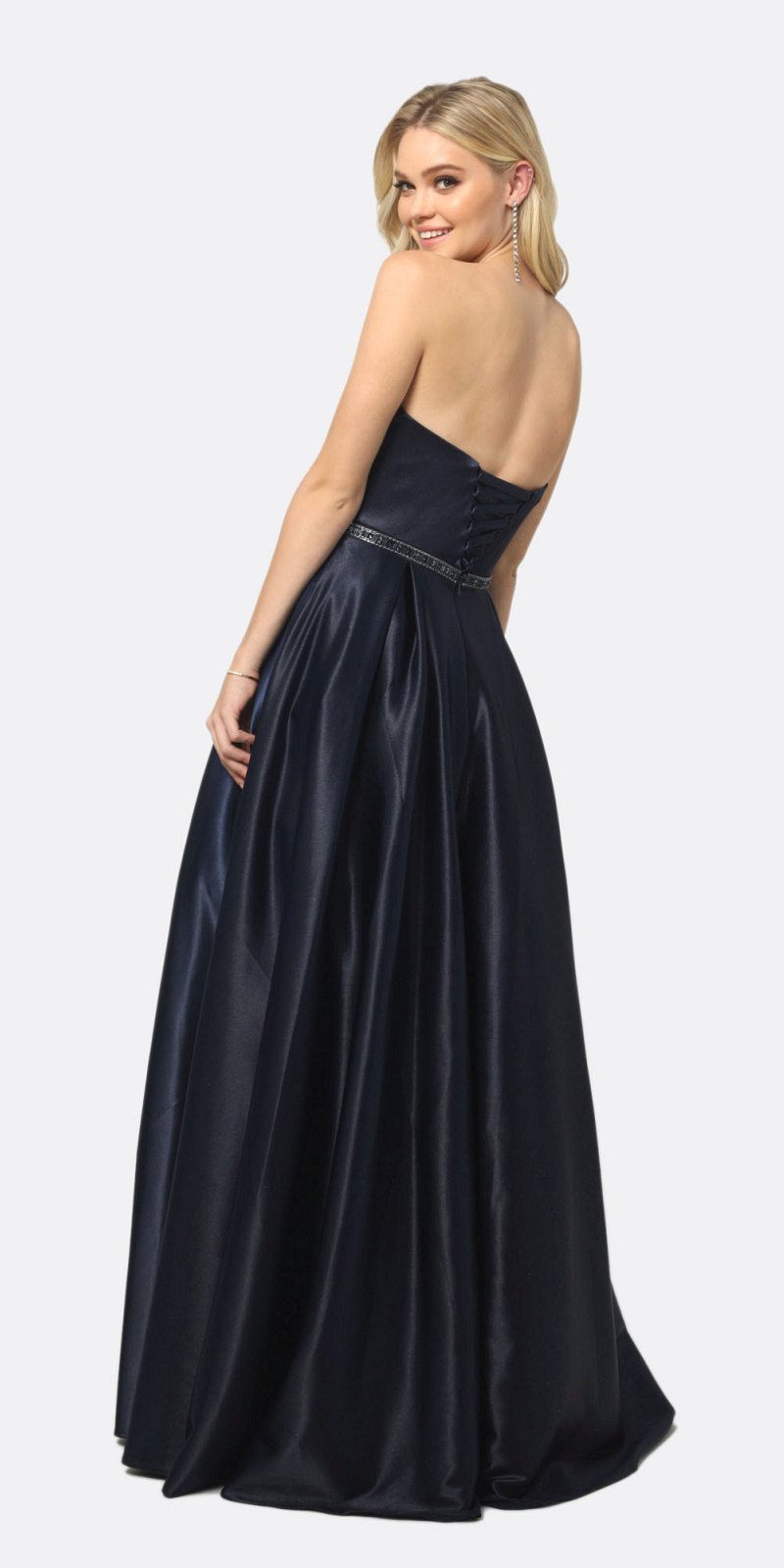 Juliet 688 Floor Length Shiny Satin A-Line Gown Beaded Belt with Pockets