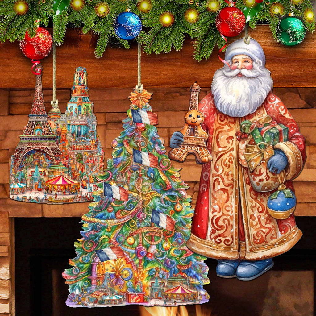 Santas Around the World - French Inspired Santa - Eco Wood Ornaments Set of 3 by G. DeBrekht Christmas Santa Snowman Decor - 8091303S3