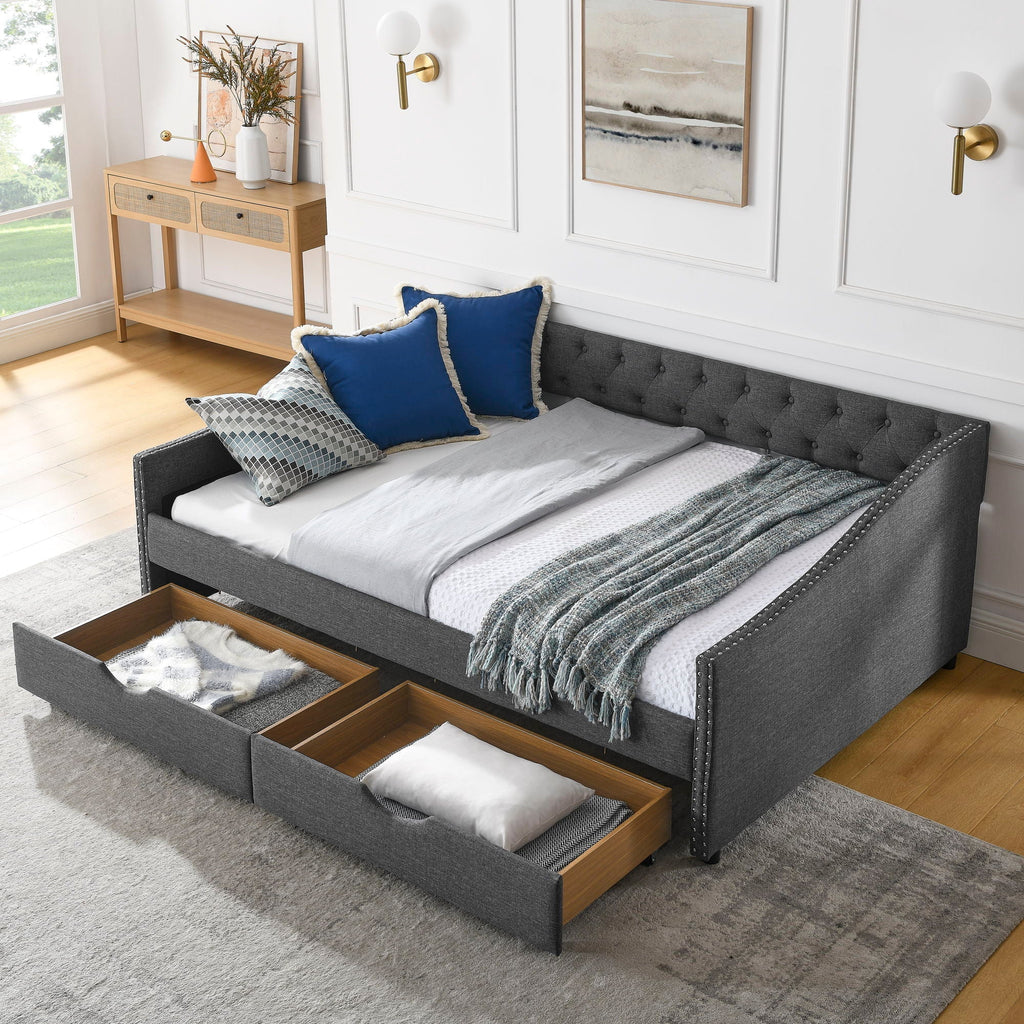 Upholstered Tufted Daybed With Drawers, Waved Arms