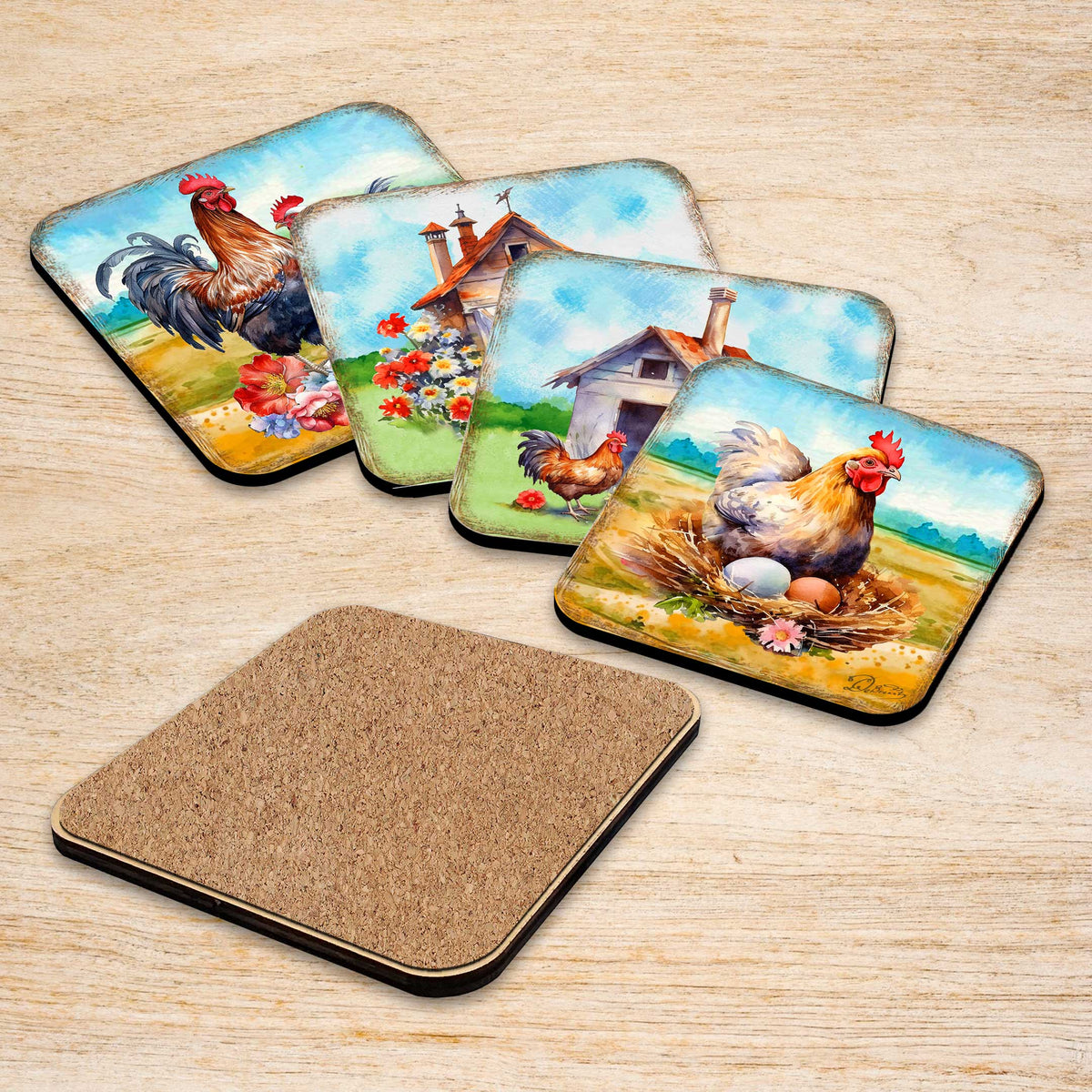 Spring on a Farm Wooden Cork Coasters Gift Set of 4 by G. Debrekht - Easter Spring Decor  - 8199436C-S4