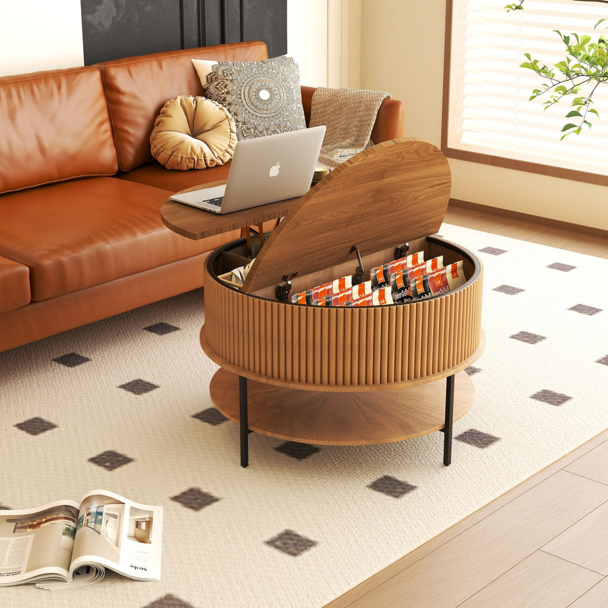 Lift Top Coffee Table with Round Storage and Reinforced Legs - Brown