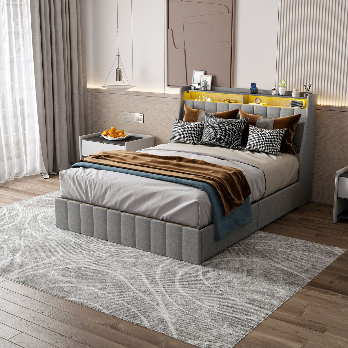 Queen Size Bed Frame With LED Lighting, Winged Headboard With Storage Drawers - Light Gray