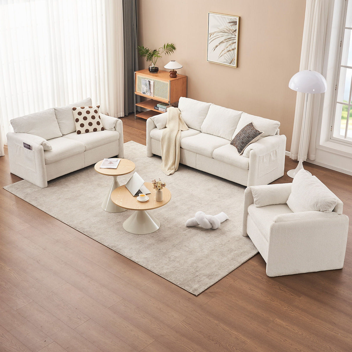 Fixed Modern Accent Chair Single Seater Plush Chenille Lounge Chair With High Resilience Cushion - Ivory White