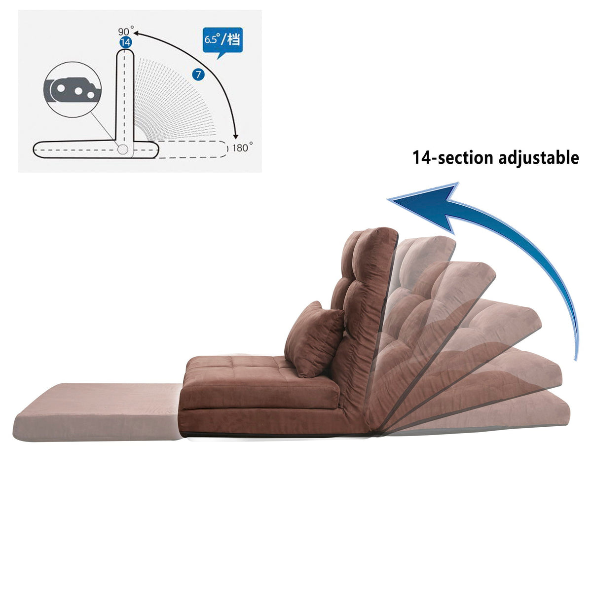 Modern Triple Fold Down Metal Frame Sofa Bed With 5 Reclining Positions And Pillow - Adjustable Upholstered Floor Couch For Gaming Or Guest Room - Brown