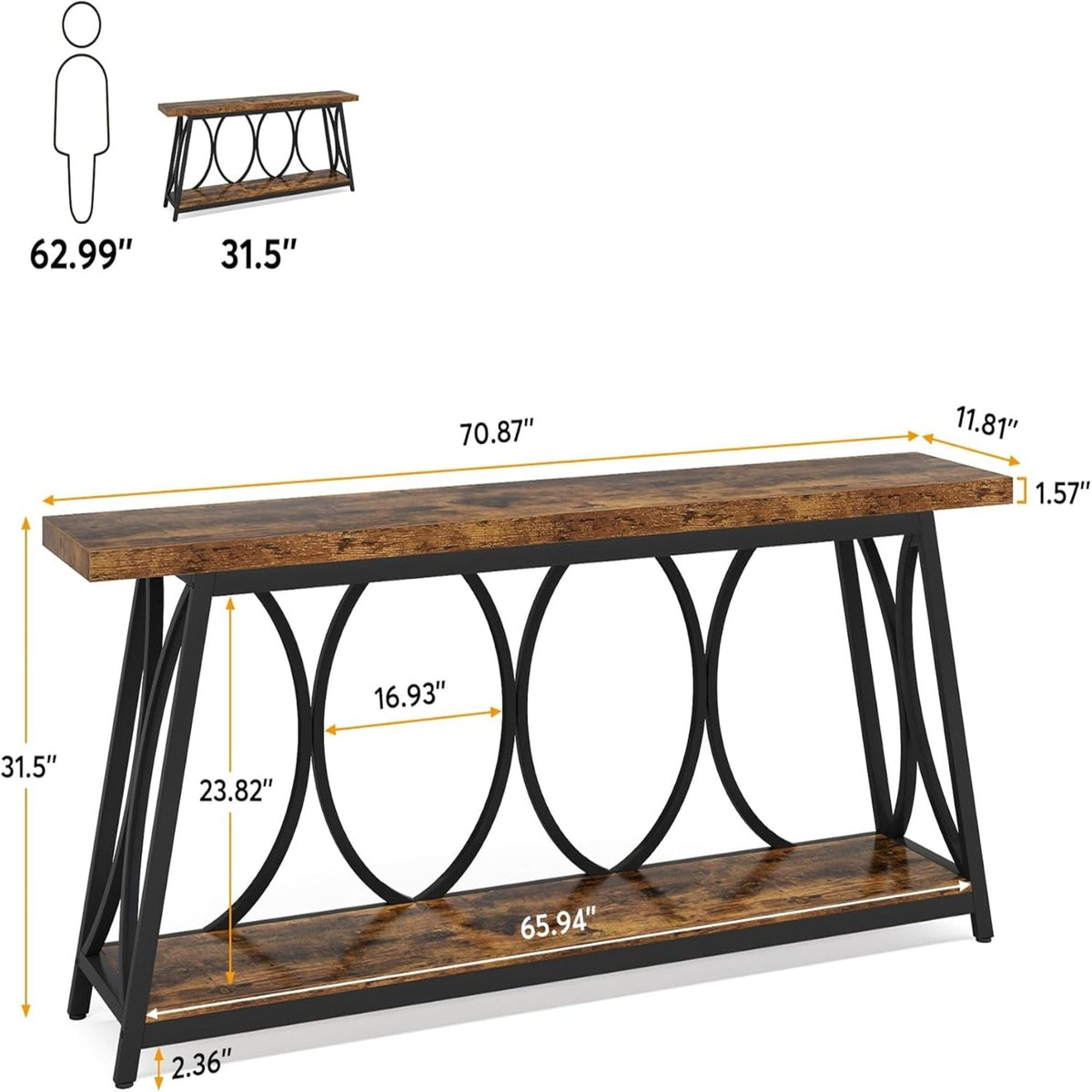 Extra Long Console Table With 2 Tier Storage Shelves For Living Entryway - Brown / Black