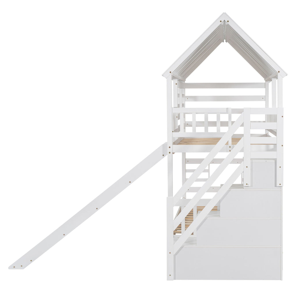 House Bunk Bed With Trundle, Storage Staircase, Roof And Window Design