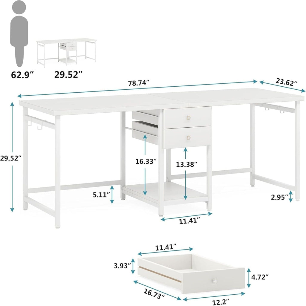 2 Person Computer Desk With Drawers And Shelves, Extra Long Double Workstation