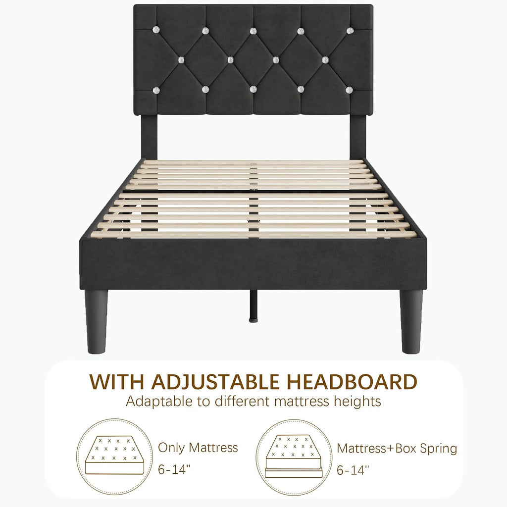Twin Size Bed Frame, Upholstered Platform with Adjustable Diamond Tufted Headboard, Wood Slat Support, No Box Spring Needed, Velvet & Black