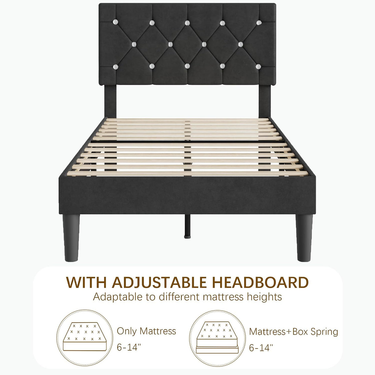 Twin Size Bed Frame, Upholstered Platform with Adjustable Diamond Tufted Headboard, Wood Slat Support, No Box Spring Needed, Velvet & Black