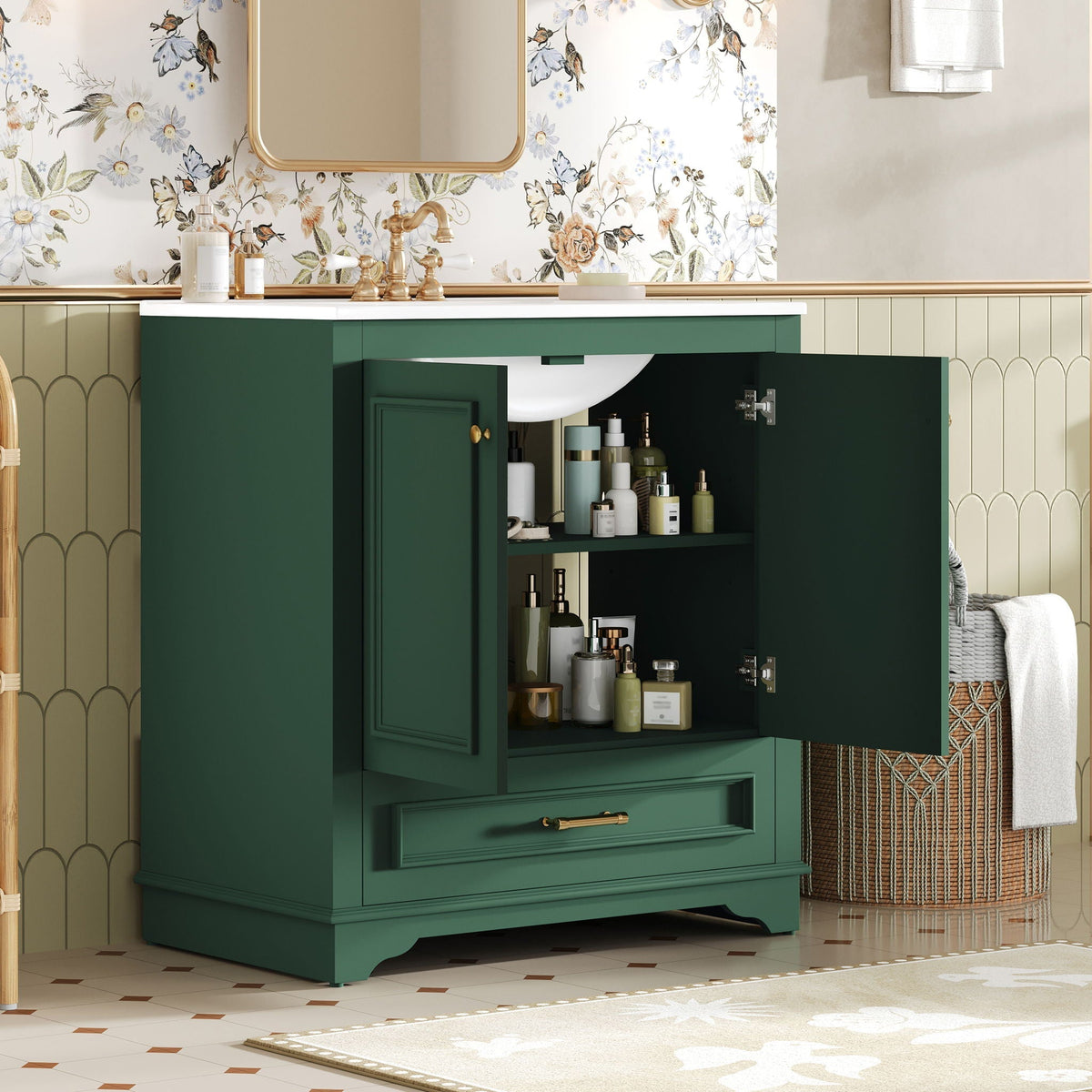 Bathroom Vanity With Sink, Cabinet & 2 Soft Closing Doors & Adjustable Shelf