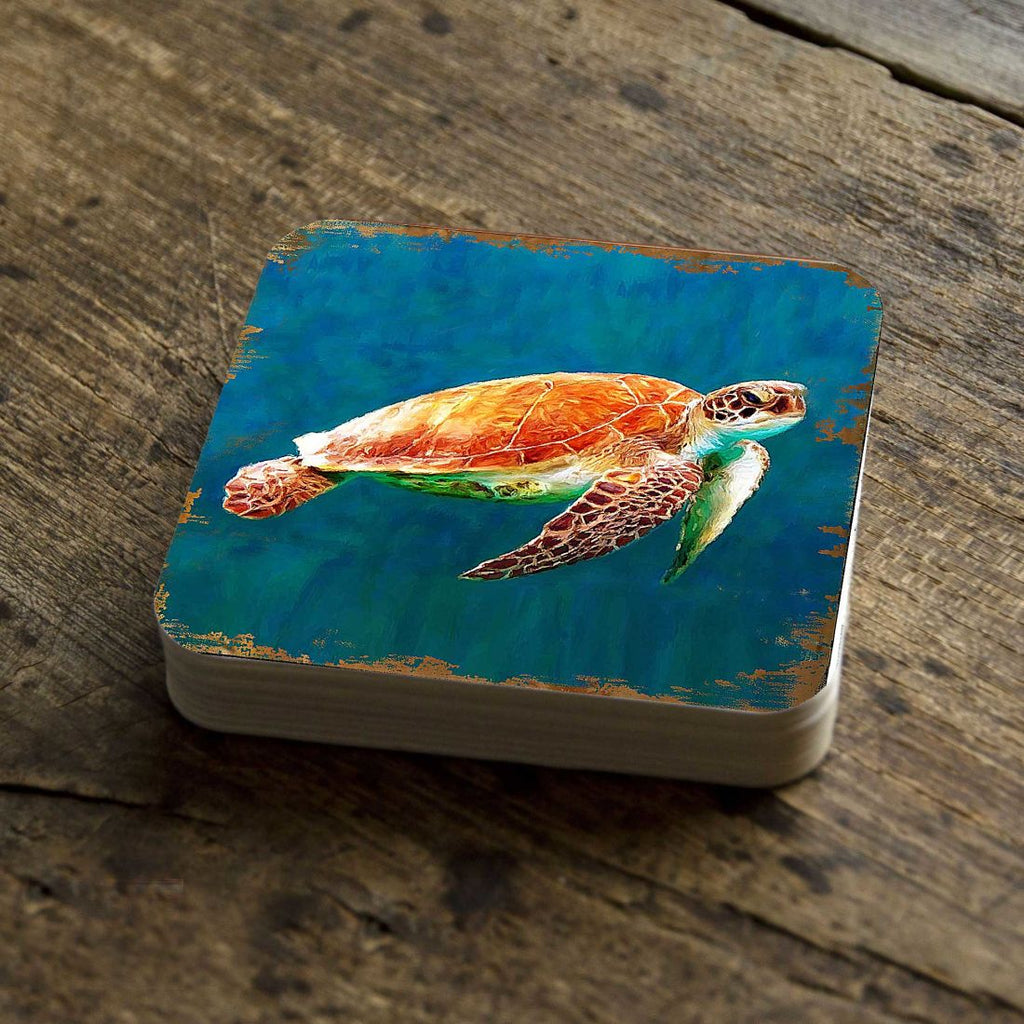 Sea Turtle Coastal Wooden Cork Coasters Gift Set of 4 by Nature Wonders - Coastal Sea-Life Decor - 95266C-S4