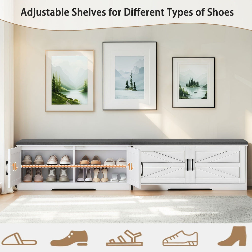 2 Tier Shoe Bench With Padded Seat, 2 Barn Doors And Adjustable Shelves, For Entryway And Living Room - White