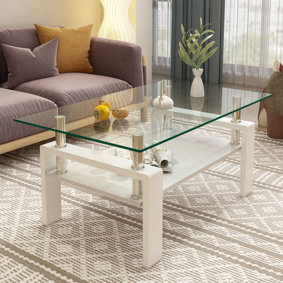 Modern Rectangular Coffee Table With Tempered Transparent Glass Top And Storage Shelf