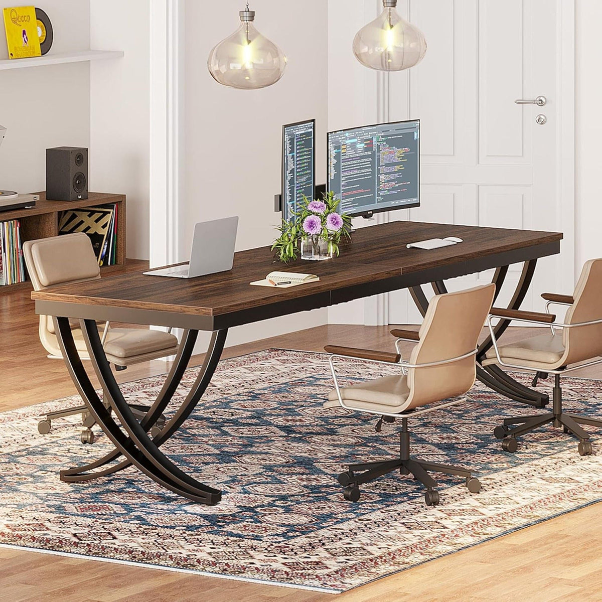 2 Person Desk With X Legs, Extra Long Office Workstation - Brown / Black