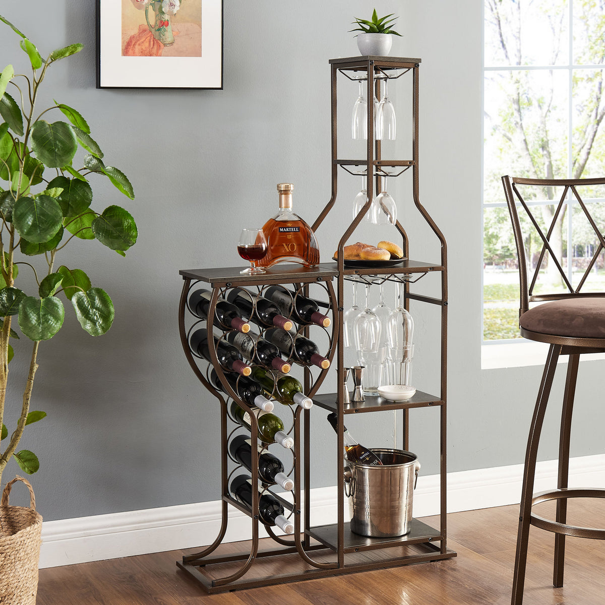 Grey 11 bottle wine grill, 5-layer independent wine rack, with hanging glass rack and storage rack for home wine storage