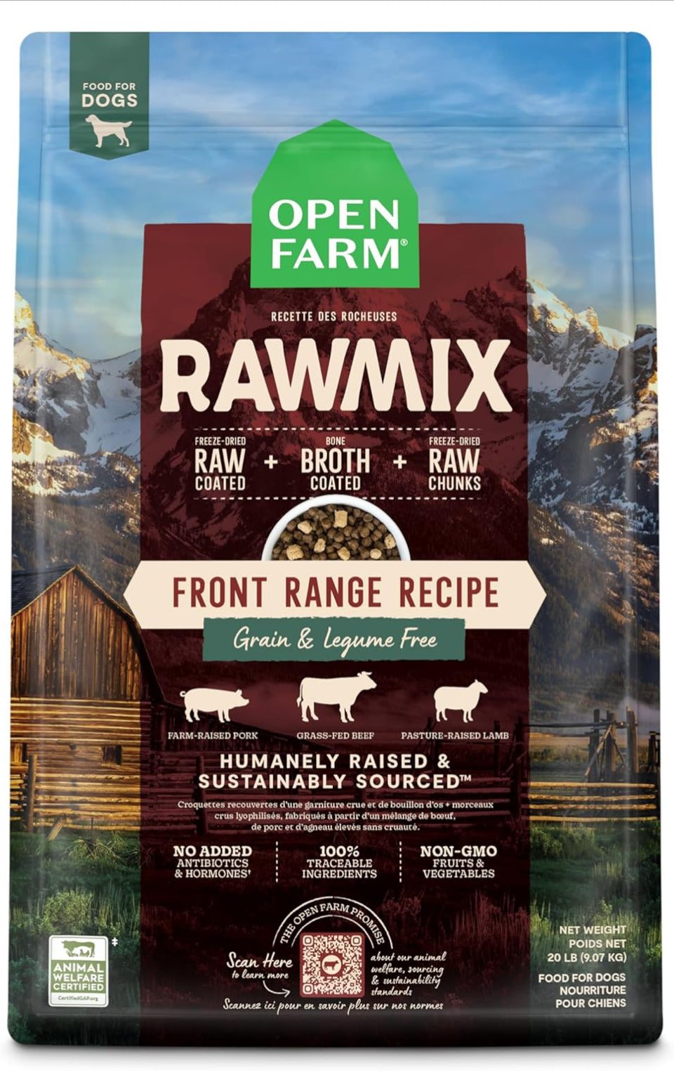 Brand New Open Farm, RawMix Grain-Free Dry Dog Food, Protein-Packed Kibble Coated in Bone Broth with Freeze Dried Raw Chunks, Beef Pork & Lamb, Front