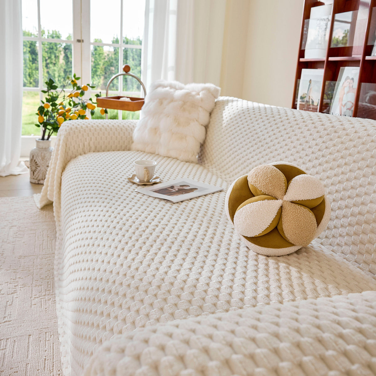 Thick Plush Non-Slip Sofa Throw Cover, Warm Soft Faux Fur Couch Protector for Winter