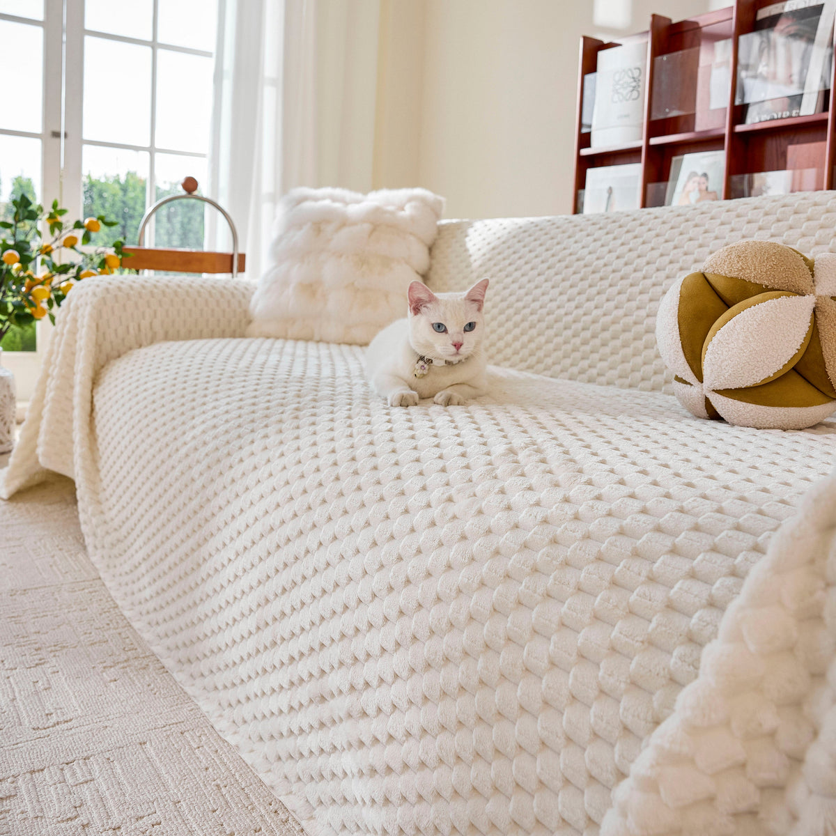 Thick Plush Non-Slip Sofa Throw Cover, Warm Soft Faux Fur Couch Protector for Winter