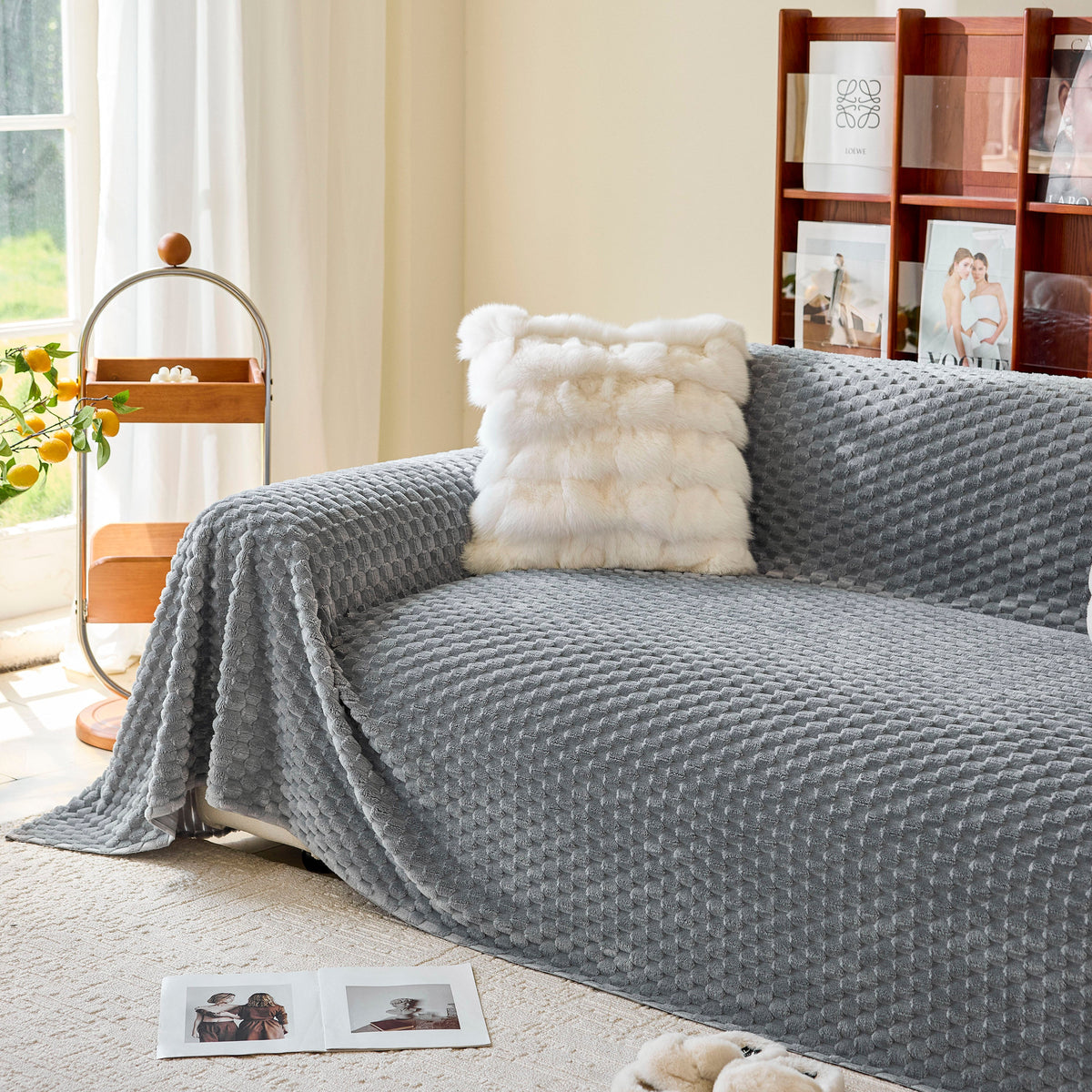 Thick Plush Non-Slip Sofa Throw Cover, Warm Soft Faux Fur Couch Protector for Winter