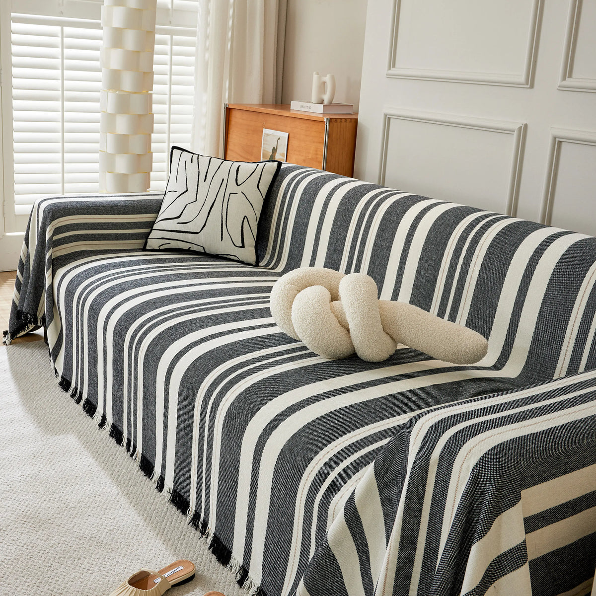 Striped Chenille Sofa Slipcover Throw, Soft Thick Washable Couch Cover Blanket