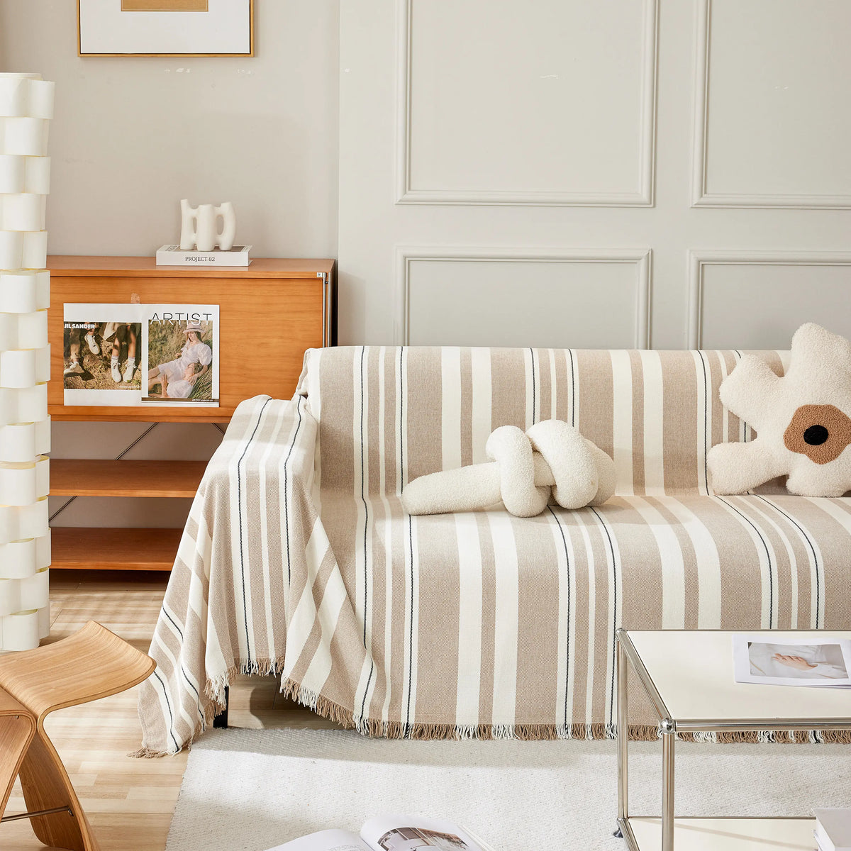 Striped Chenille Sofa Slipcover Throw, Soft Thick Washable Couch Cover Blanket