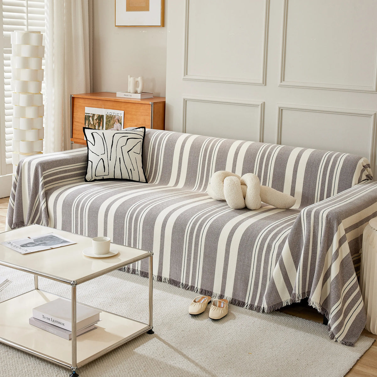 Striped Chenille Sofa Slipcover Throw, Soft Thick Washable Couch Cover Blanket