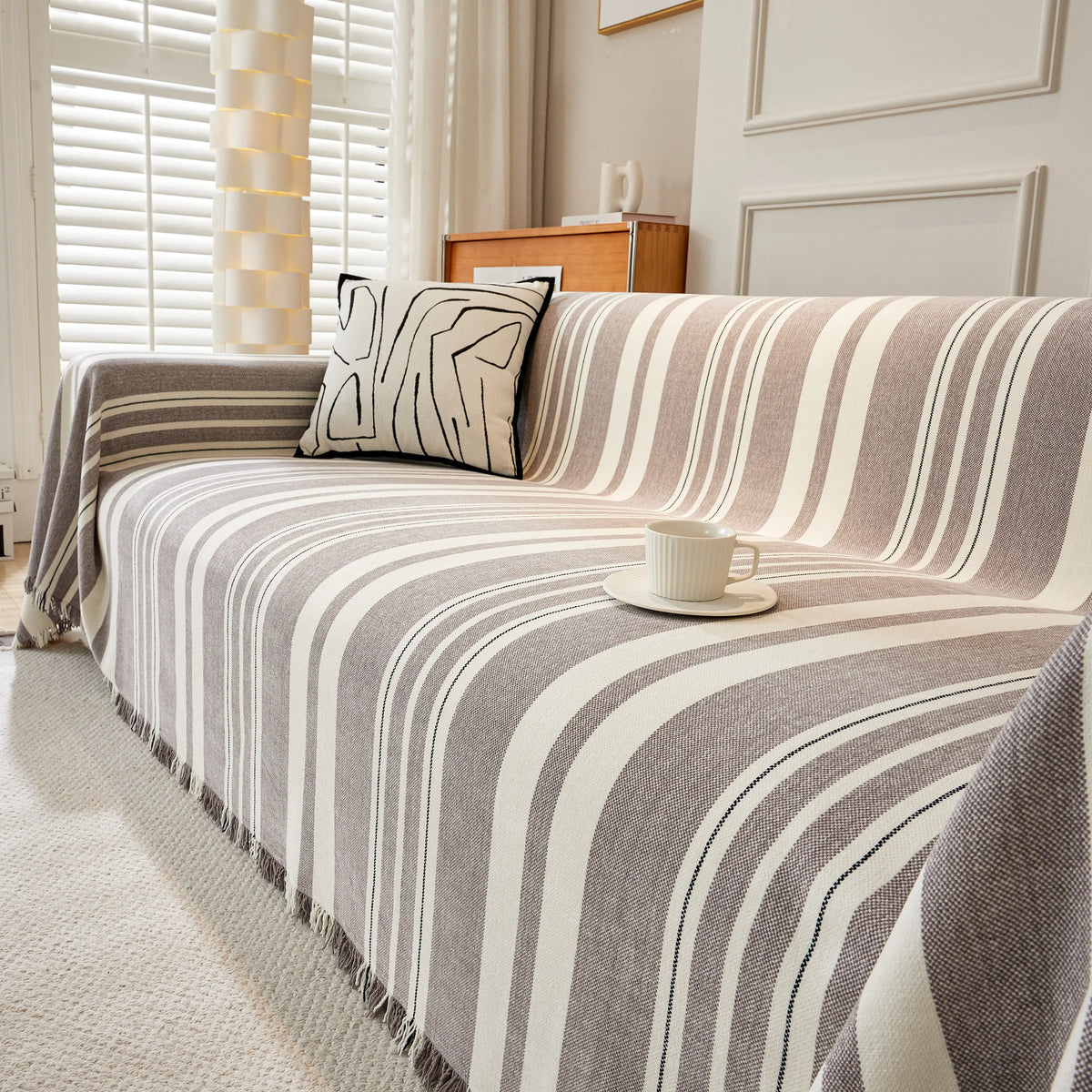 Striped Chenille Sofa Slipcover Throw, Soft Thick Washable Couch Cover Blanket
