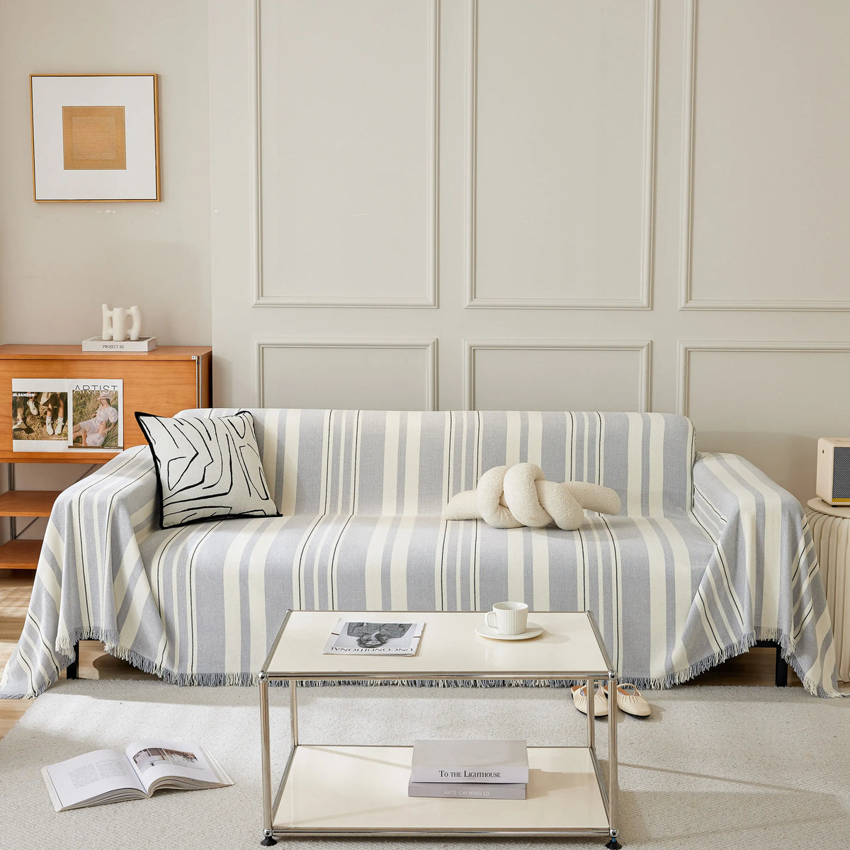 Striped Chenille Sofa Slipcover Throw, Soft Thick Washable Couch Cover Blanket