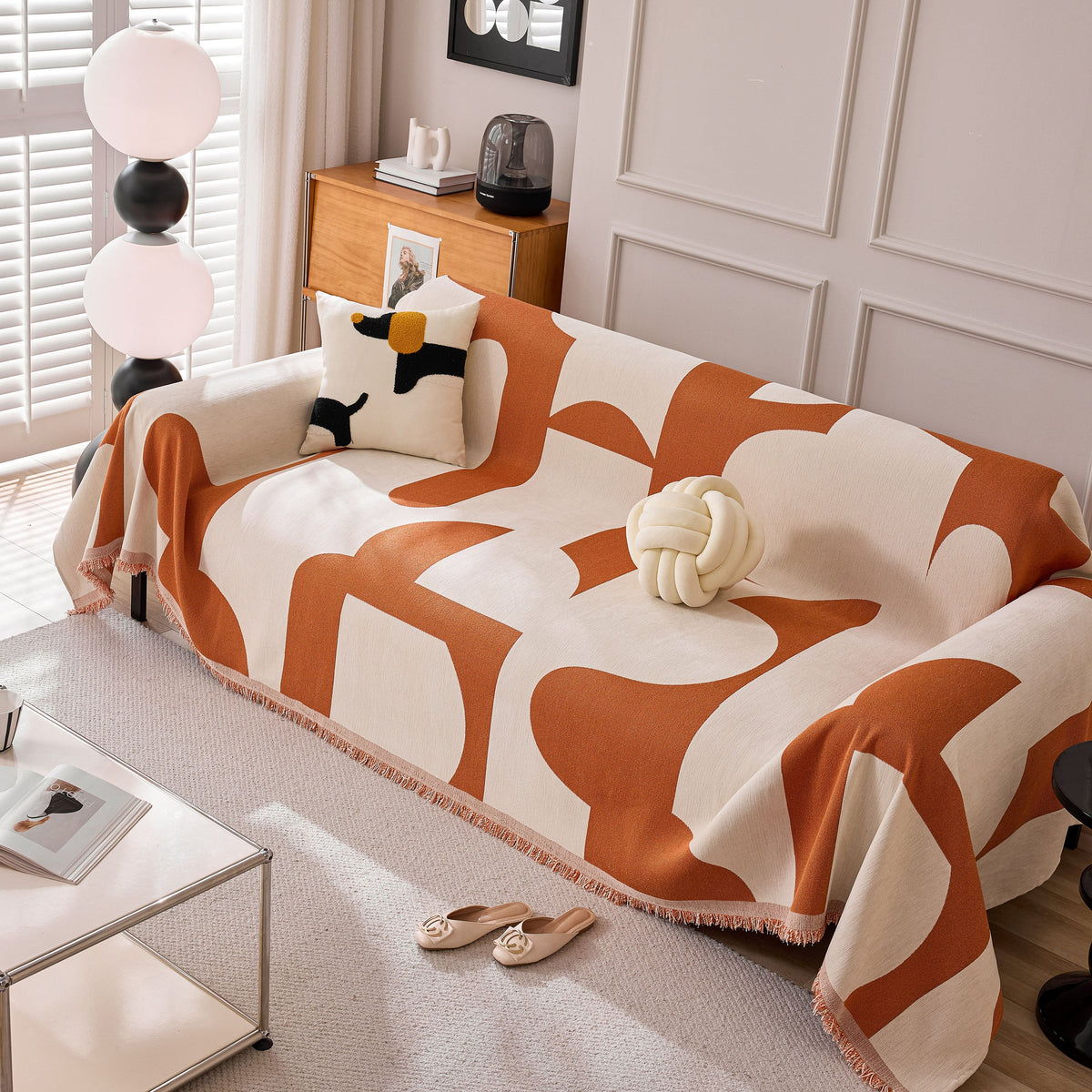 Modern Abstract Chenille Sofa Cover, Large Soft Throw Blanket with Tassels for Couch