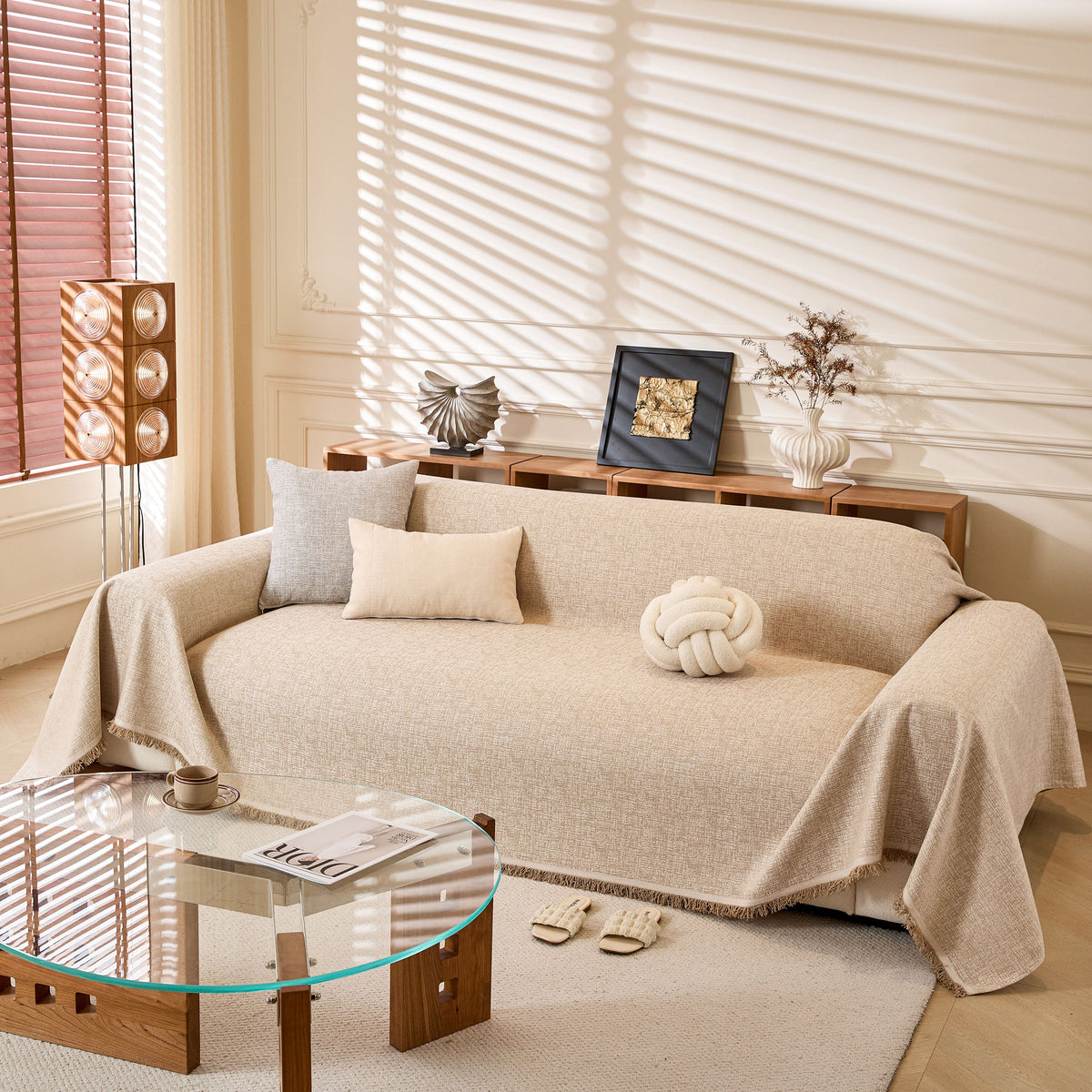 Linen-Look Textured Couch Throw Cover, Breathable Sofa Blanket & Furniture Protector