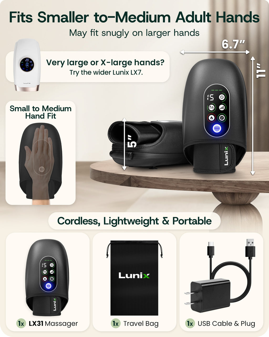 LX31 Rolling Hand Massager, Heat, Compression + Kneading, Smart Memory, Charcoal Black