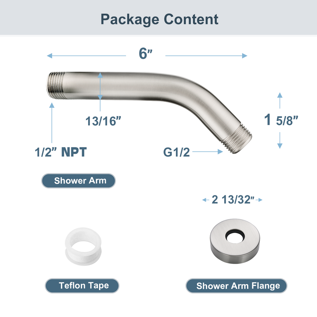 6-Inch Solid Brass Shower Arm with Universal G1/2 Connection