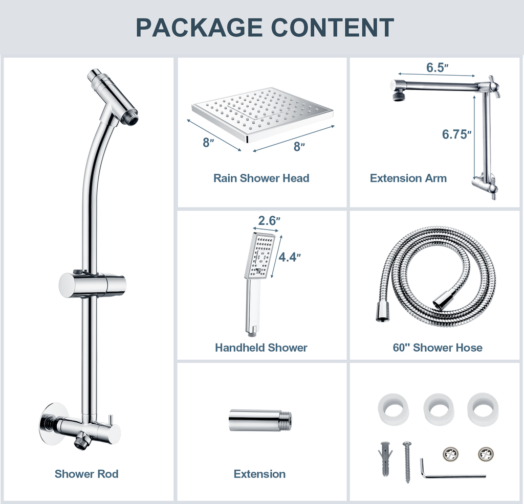 Rainfall Shower Head with Handheld Set-Solid Brass Slide Bar,Holder, Extension Arm and 60" Hose