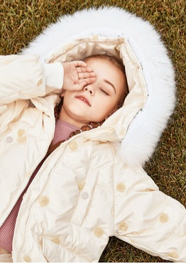 Children's Thickened Korean Large Fur Collar Medium Length Down Jacket