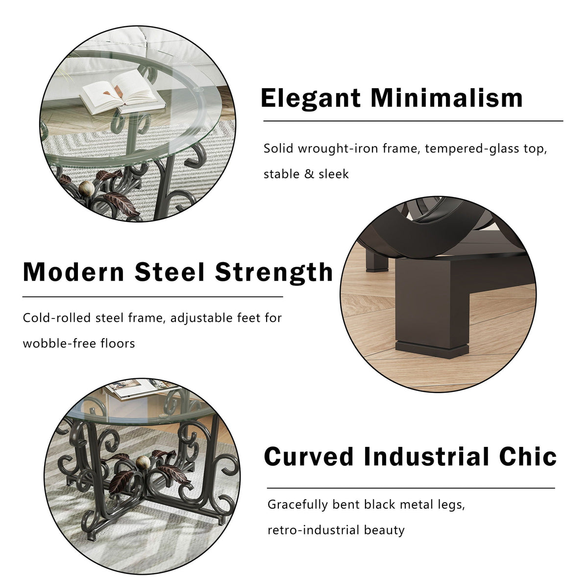 3 Piece Coffee Table Set, Scratch-Resistant - Black