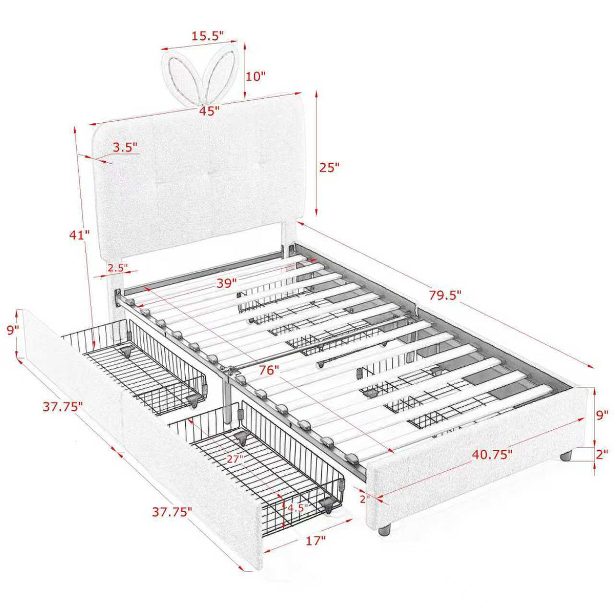 Twin Size Kids Upholstered Bed with Oversized Rabbit Ear Headboard