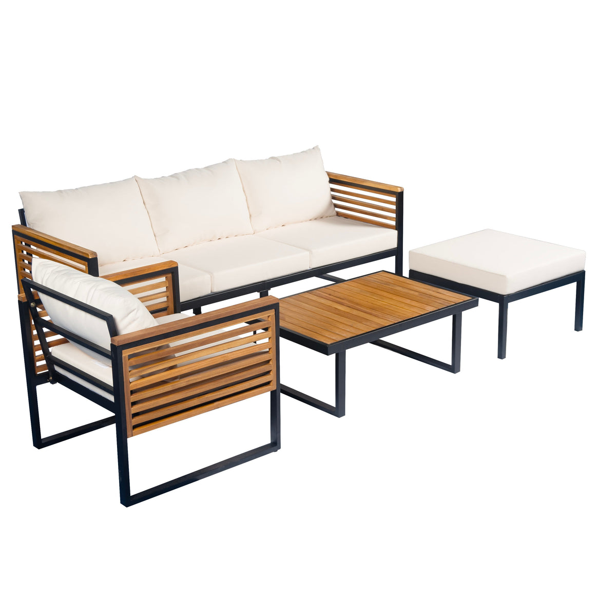 Outdoor 4-Piece Acacia Wood and Metal Patio Sofa Set